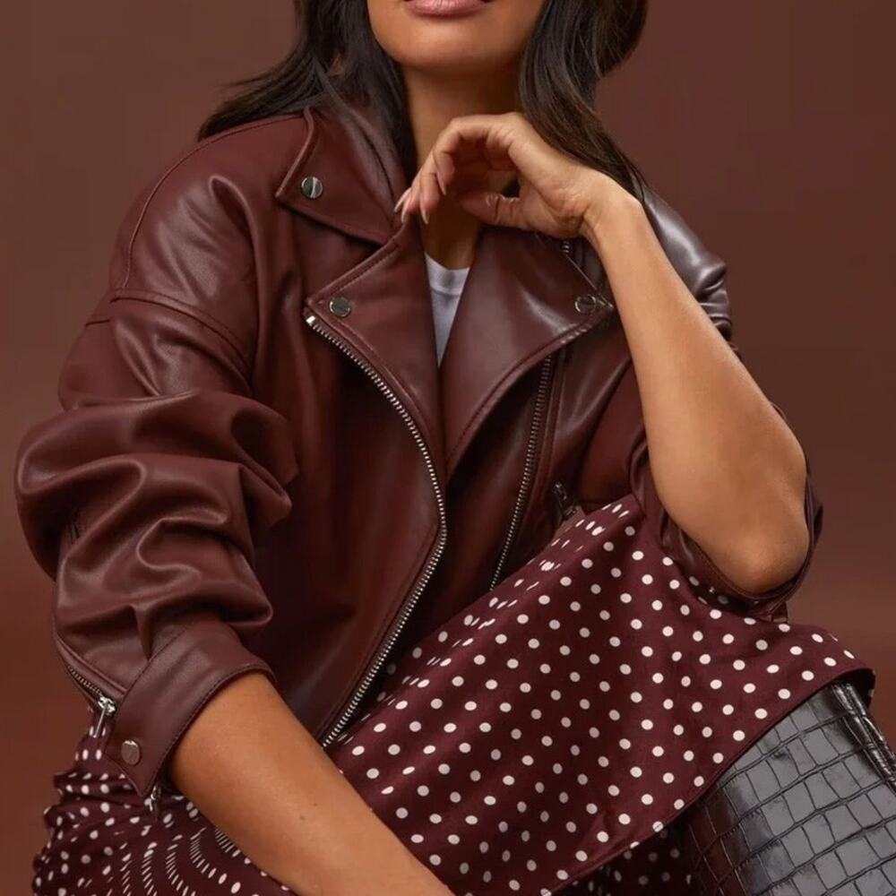 Lamarque Dani Burgundy Brown Vegan Leather Moto Jacket Size M